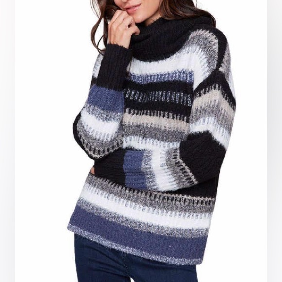 CHARLIE B Women's Marine Navy L/S Cowl Neck Striped Sweater Soft Size Large NEW - Picture 1 of 11